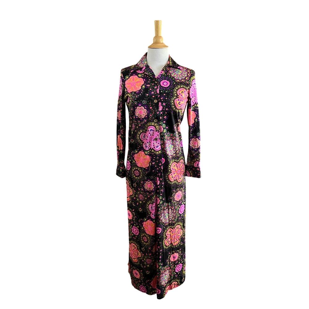 Vintage Peter Pan 1960s Flower Power Neon Psychedelic Maxi Dress Hippie Sz M USA
